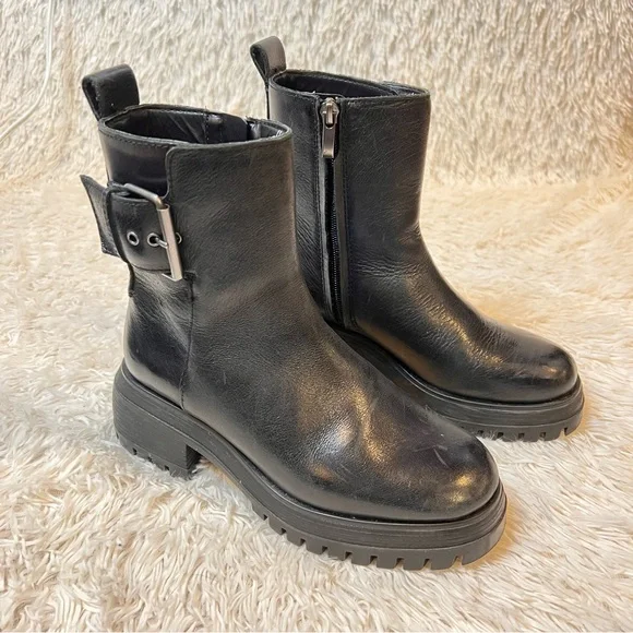 Franco Sarto black leather chunky buckle lug sole Jersey boots - Picture 1 of 9